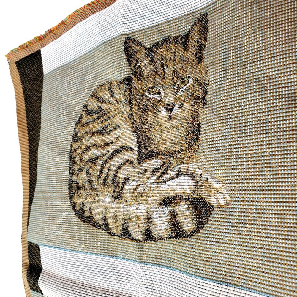 Vintage Art de Lys French Woven Cat Tapestry Pillow Panel Textile 15x20 Beige - Picture 10 of 13
